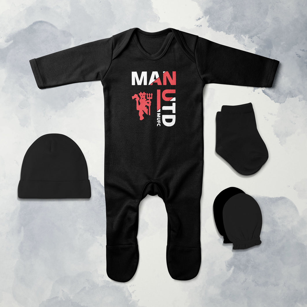 Manchester United Logo Jumpsuit with Cap, Mittens and Booties Romper Set for Baby Boy - KidsFashionVilla