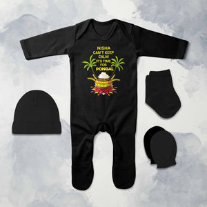 Custom Name Cant Keep Calm Its Time For Pongal Jumpsuit with Cap, Mittens and Booties Romper Set for Baby Girl - KidsFashionVilla