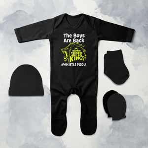The Boys Are Back Whistle Podu IPL CSK Chennai Super Kings Jumpsuit with Cap, Mittens and Booties Romper Set for Baby Boy - KidsFashionVilla