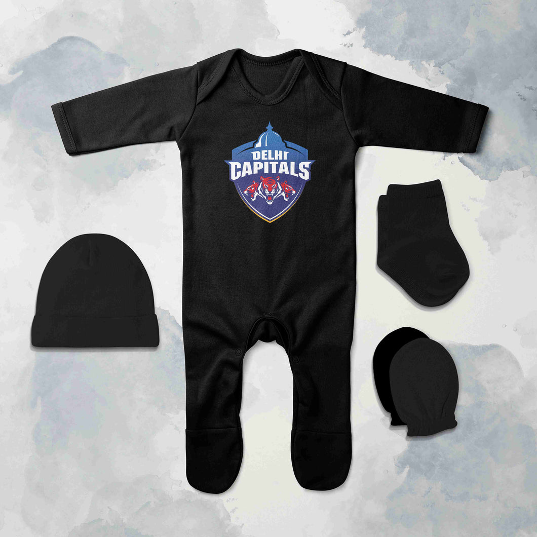 IPL Delhi Capitals Jumpsuit with Cap, Mittens and Booties Romper Set for Baby Boy - KidsFashionVilla