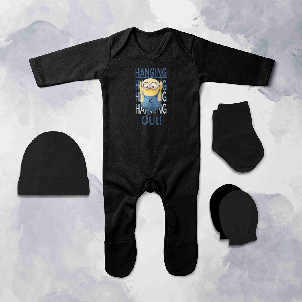 Hanging Out Cute Cartoons Quotes Jumpsuit with Cap, Mittens and Booties Romper Set for Baby Boy - KidsFashionVilla