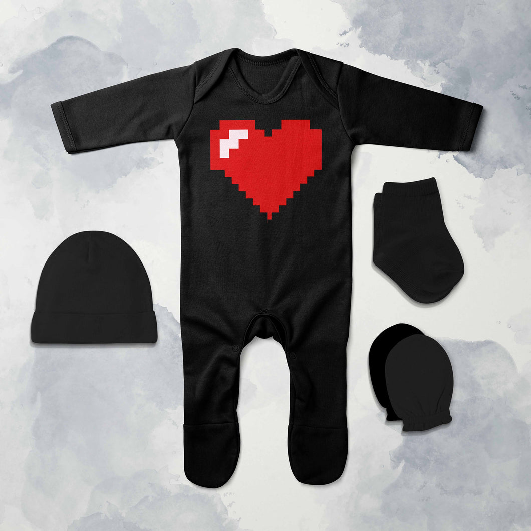 8 Bit Heart Minimal Jumpsuit with Cap, Mittens and Booties Romper Set for Baby Boy - KidsFashionVilla