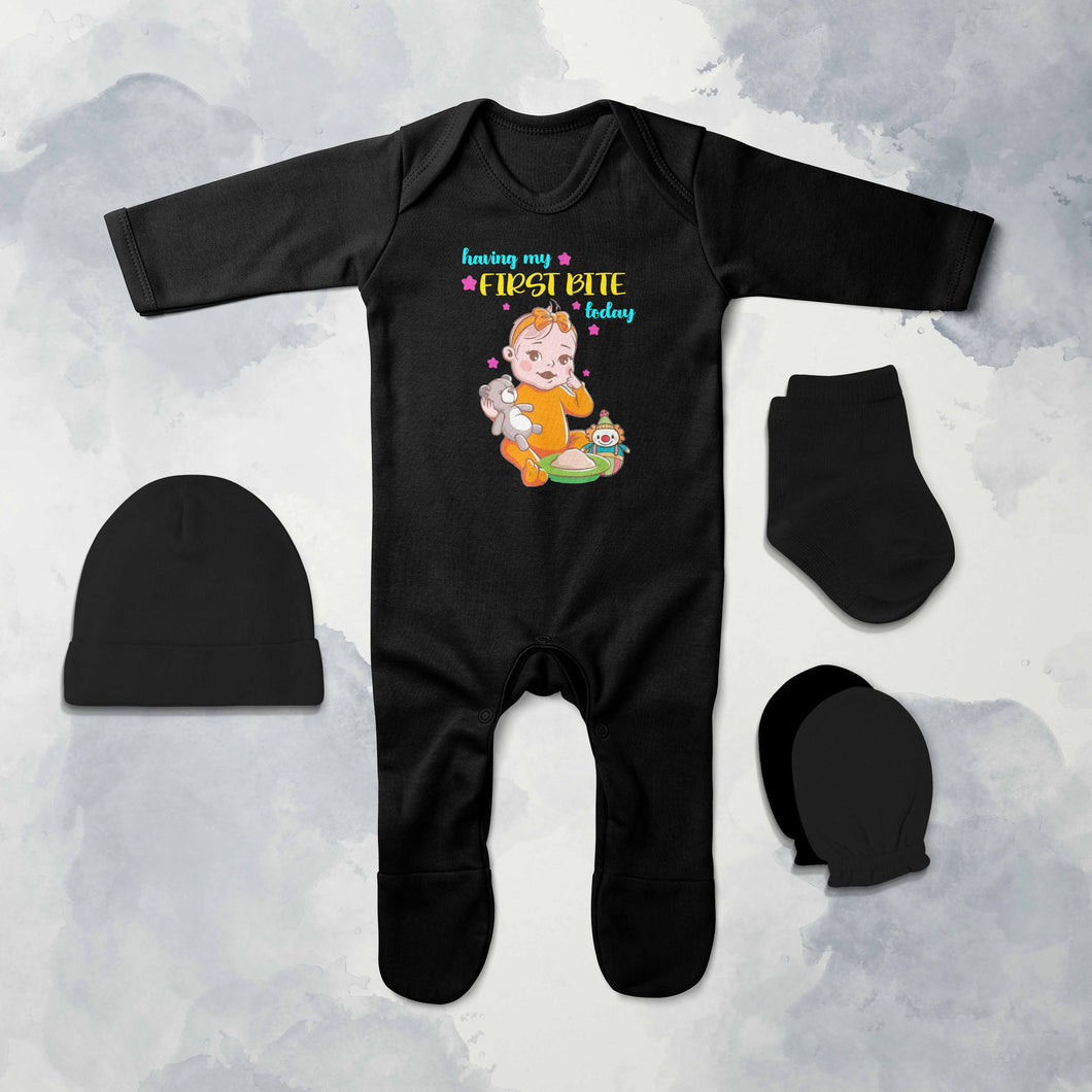 First Bites Baby Food Jumpsuit with Cap, Mittens and Booties Romper Set for Baby Boy - KidsFashionVilla