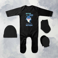 Load image into Gallery viewer, Custom Name Brother Shark Doo Doo Doo Rakhi Jumpsuit with Cap, Mittens and Booties Romper Set for Baby Boy - KidsFashionVilla
