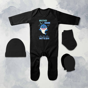 Custom Name Brother Shark Doo Doo Doo Rakhi Jumpsuit with Cap, Mittens and Booties Romper Set for Baby Boy - KidsFashionVilla