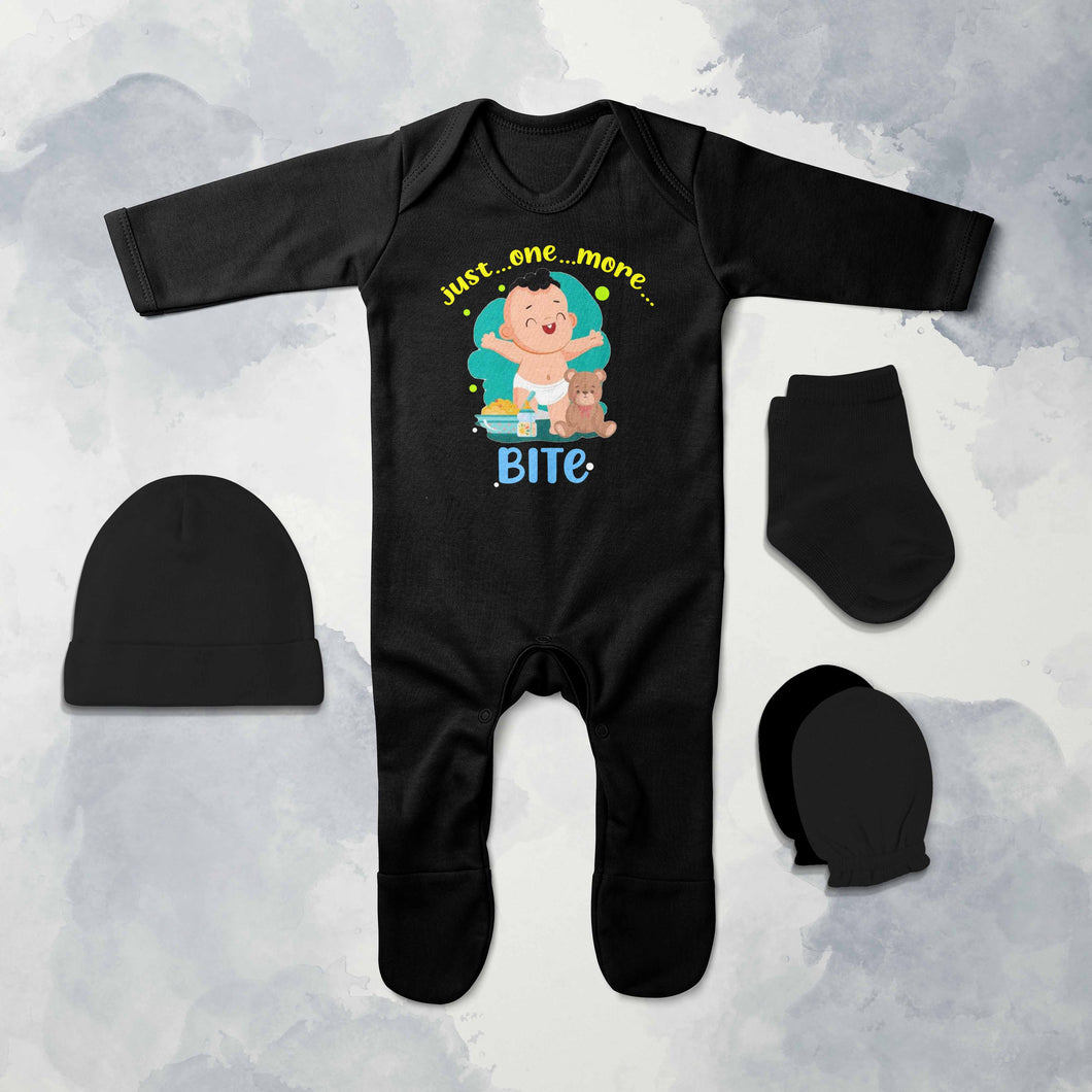 One More Bite Jumpsuit with Cap, Mittens and Booties Romper Set for Baby Boy - KidsFashionVilla