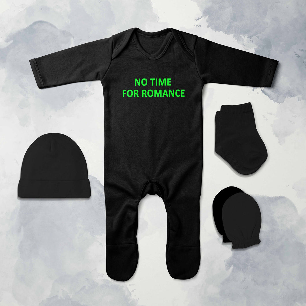 No Time For Romance Minimal Jumpsuit with Cap, Mittens and Booties Romper Set for Baby Boy - KidsFashionVilla