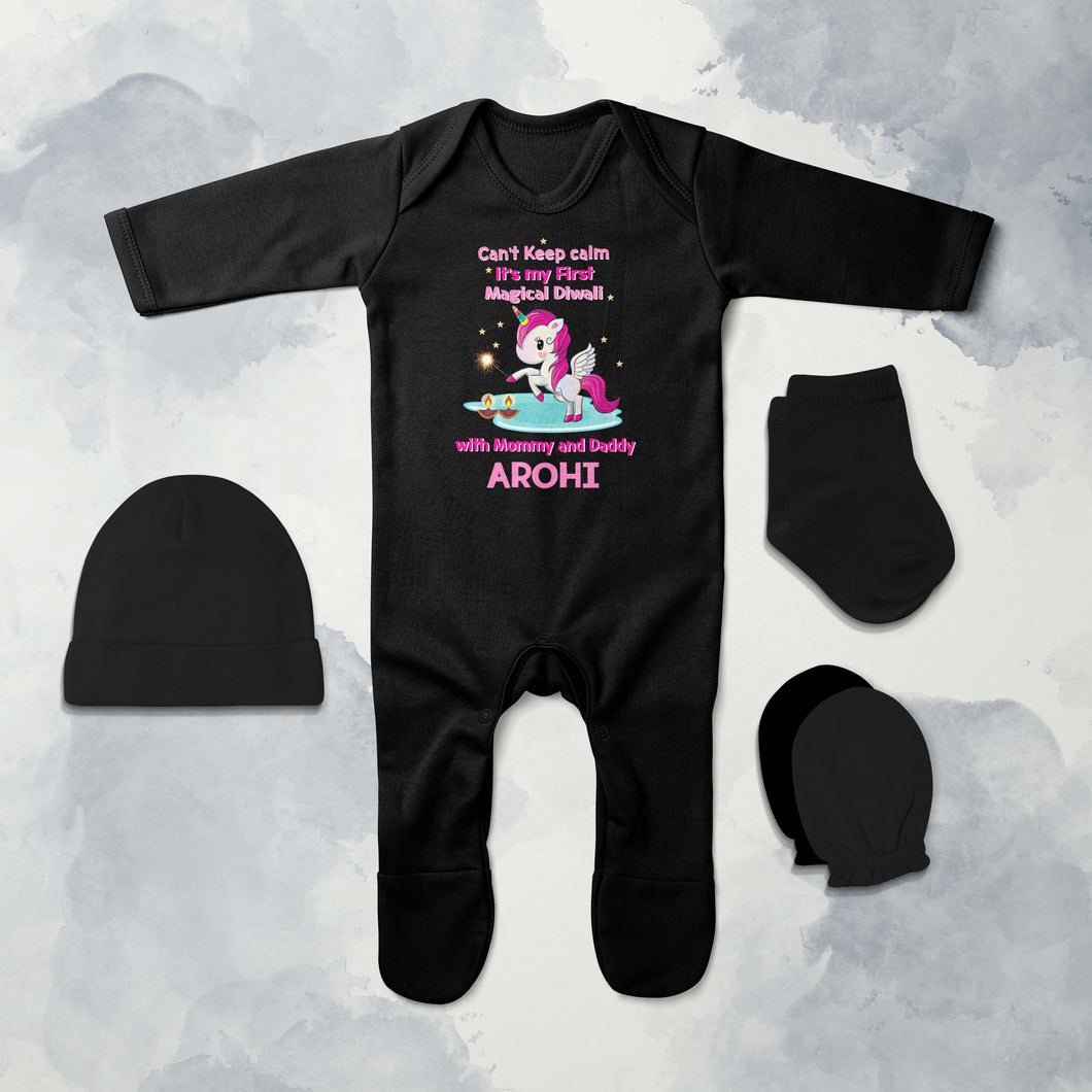 Custom Name Cant Keep Calm Its My First Diwali With Mumma Daddy Jumpsuit with Cap, Mittens and Booties Romper Set for Baby Girl - KidsFashionVilla