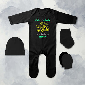 Custom Name IPL CSK Chennai Super Kings Whistle Podu Jumpsuit with Cap, Mittens and Booties Romper Set for Baby Boy - KidsFashionVilla