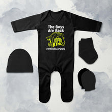 Load image into Gallery viewer, The Boys Are Back Whistle Podu IPL CSK Chennai Super Kings Jumpsuit with Cap, Mittens and Booties Romper Set for Baby Girl - KidsFashionVilla
