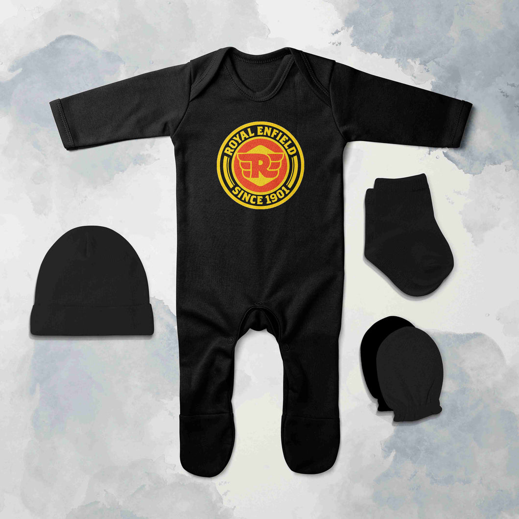 Royal Enfield Since 1901 Logo Jumpsuit with Cap, Mittens and Booties Romper Set for Baby Boy - KidsFashionVilla