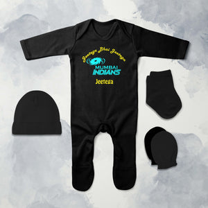 IPL Mumbai Indians Jeetega Bhai Jeetega MI Jeetega Jumpsuit with Cap, Mittens and Booties Romper Set for Baby Boy - KidsFashionVilla