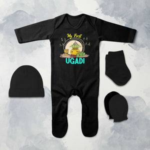 My First Ugadi Jumpsuit with Cap, Mittens and Booties Romper Set for Baby Boy - KidsFashionVilla