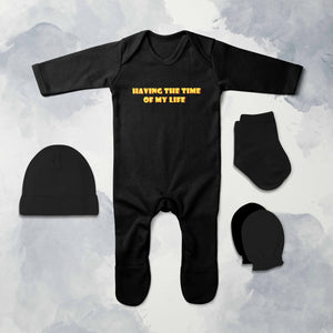 Having The Time Of My Life Minimal Jumpsuit with Cap, Mittens and Booties Romper Set for Baby Boy - KidsFashionVilla