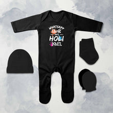 Load image into Gallery viewer, Whatsapp Chor Aur Holi Khel Family Holi Jumpsuit with Cap, Mittens and Booties Romper Set for Baby Boy - KidsFashionVilla
