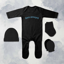 Load image into Gallery viewer, Born Annoyed Minimal Jumpsuit with Cap, Mittens and Booties Romper Set for Baby Boy - KidsFashionVilla

