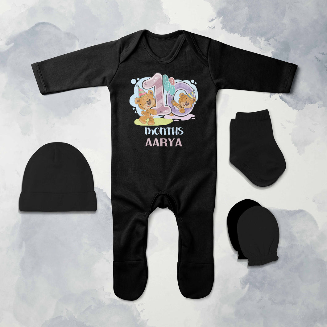 Custom Name 10 Month Birthday Teddy Design Jumpsuit with Cap, Mittens and Booties Romper Set for Baby Girl - KidsFashionVilla