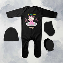 Load image into Gallery viewer, Custom Name My First Rakhi Dress Jumpsuit with Cap, Mittens and Booties Romper Set for Baby Girl - KidsFashionVilla
