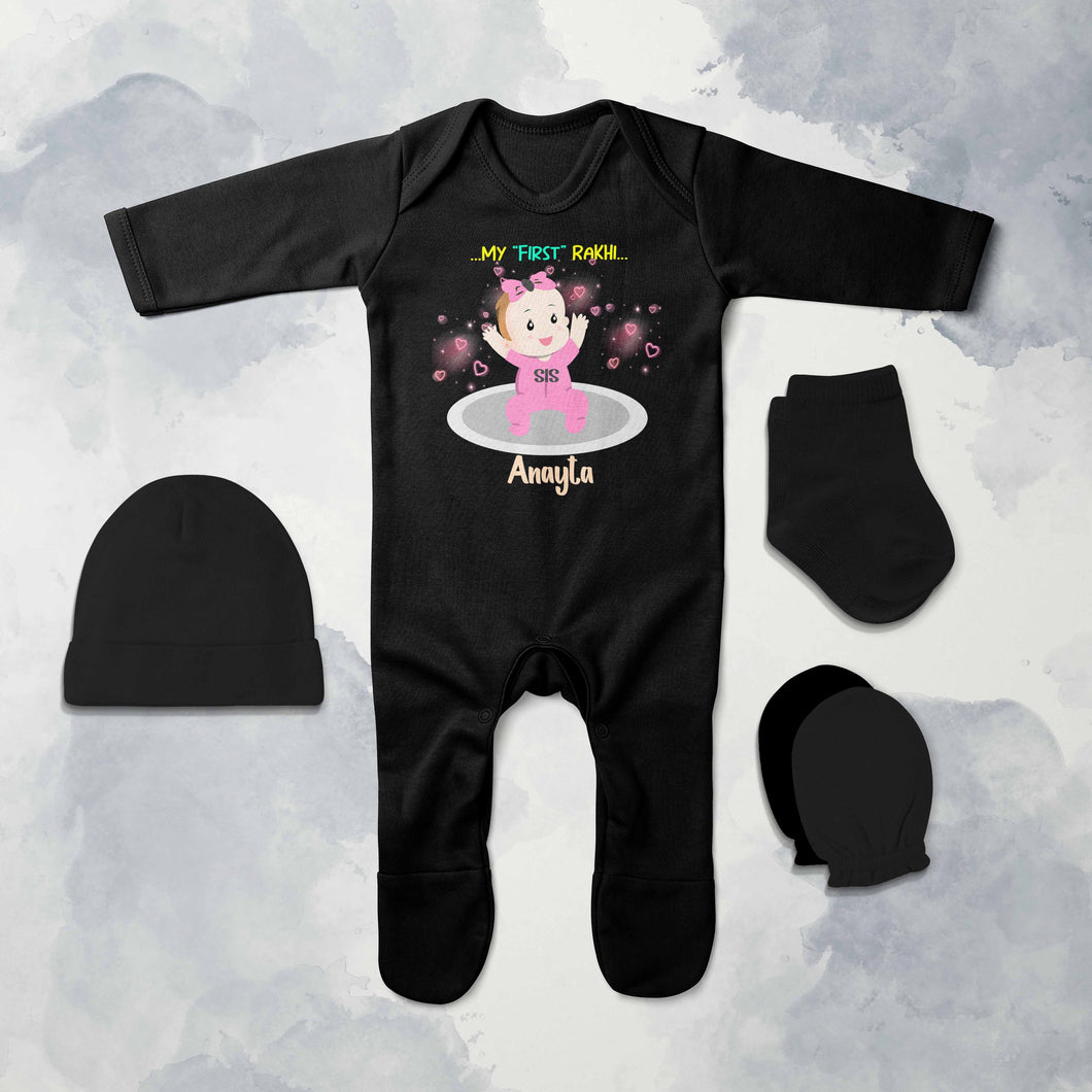 Custom Name My First Rakhi Dress Jumpsuit with Cap, Mittens and Booties Romper Set for Baby Girl - KidsFashionVilla