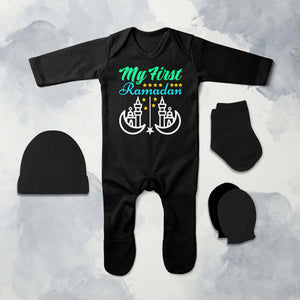 My First Ramadan Jumpsuit with Cap, Mittens and Booties Romper Set for Baby Boy - KidsFashionVilla