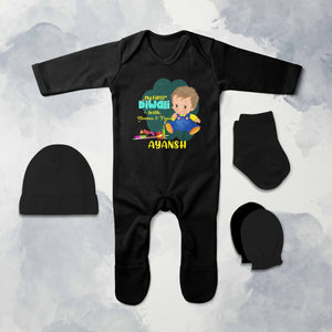Custom Name My First Diwali With Mumma Papa Jumpsuit with Cap, Mittens and Booties Romper Set for Baby Boy - KidsFashionVilla