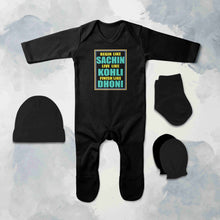 Load image into Gallery viewer, Cricketer Quotes Jumpsuit with Cap, Mittens and Booties Romper Set for Baby Boy - KidsFashionVilla
