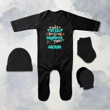 Load image into Gallery viewer, Custom Name Cant Stay Calm It Is Dandiya Night Navratri Jumpsuit with Cap, Mittens and Booties Romper Set for Baby Boy - KidsFashionVilla
