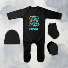 Load image into Gallery viewer, Custom Name Cant Stay Calm It Is Dandiya Night Navratri Jumpsuit with Cap, Mittens and Booties Romper Set for Baby Girl - KidsFashionVilla
