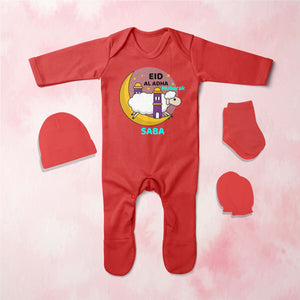 Custom Name Eid Al Adha Bakra Eid Mubarak Jumpsuit with Cap, Mittens and Booties Romper Set for Baby Girl - KidsFashionVilla
