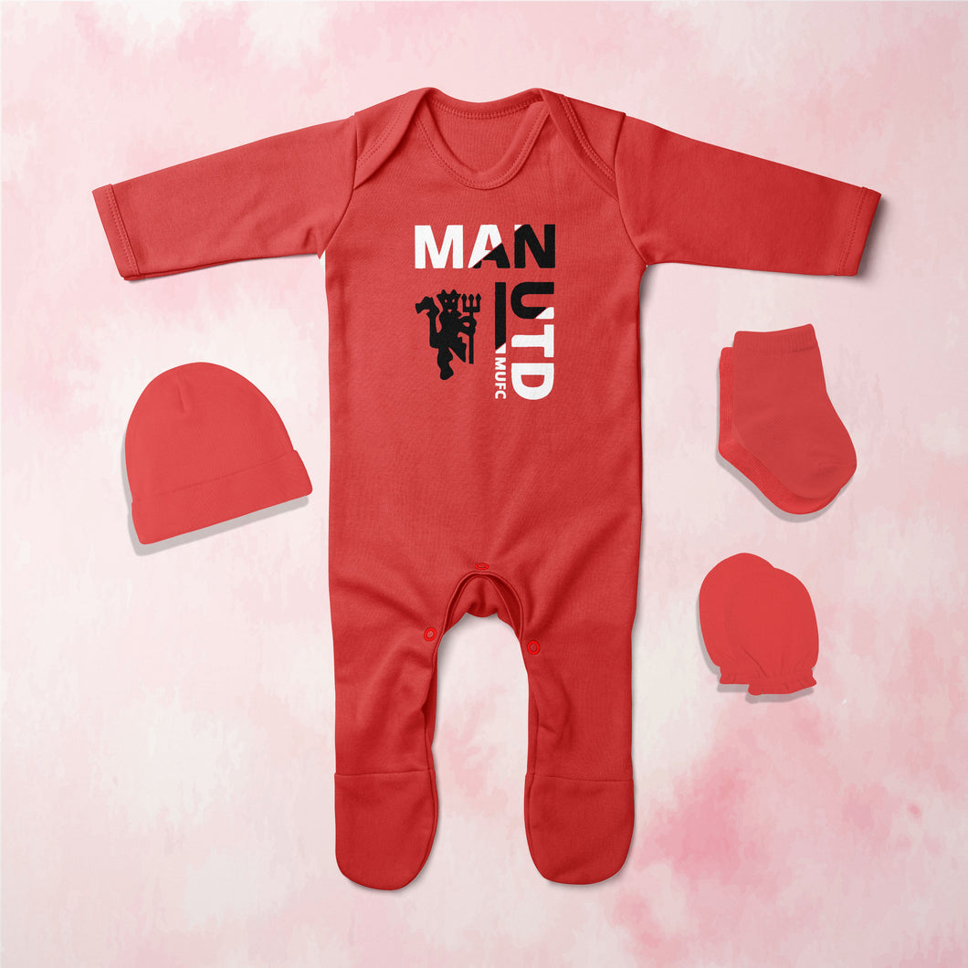 Manchester United Logo Jumpsuit with Cap, Mittens and Booties Romper Set for Baby Boy - KidsFashionVilla