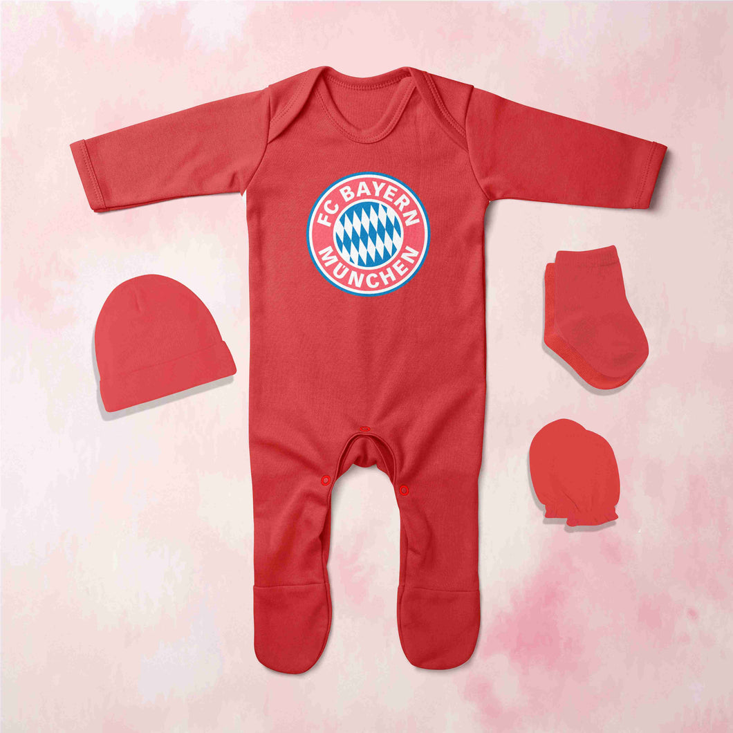 FC Bayern Munchen Logo Jumpsuit with Cap, Mittens and Booties Romper Set for Baby Boy - KidsFashionVilla