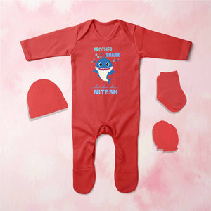 Custom Name Brother Shark Doo Doo Doo Rakhi Jumpsuit with Cap, Mittens and Booties Romper Set for Baby Boy - KidsFashionVilla