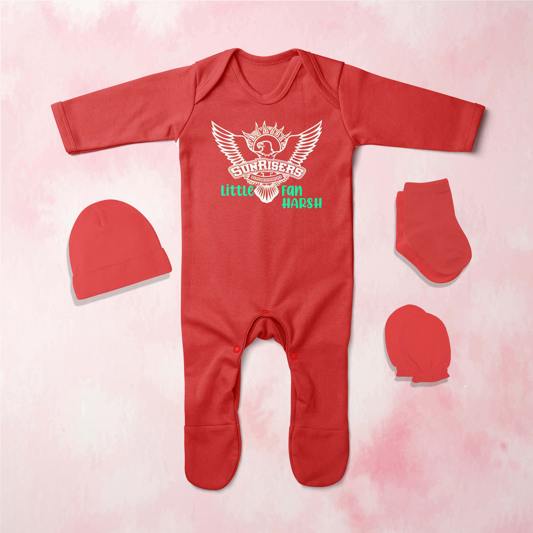 Custom Name IPL SRH Sunrisers Little Fan Jumpsuit with Cap, Mittens and Booties Romper Set for Baby Boy - KidsFashionVilla