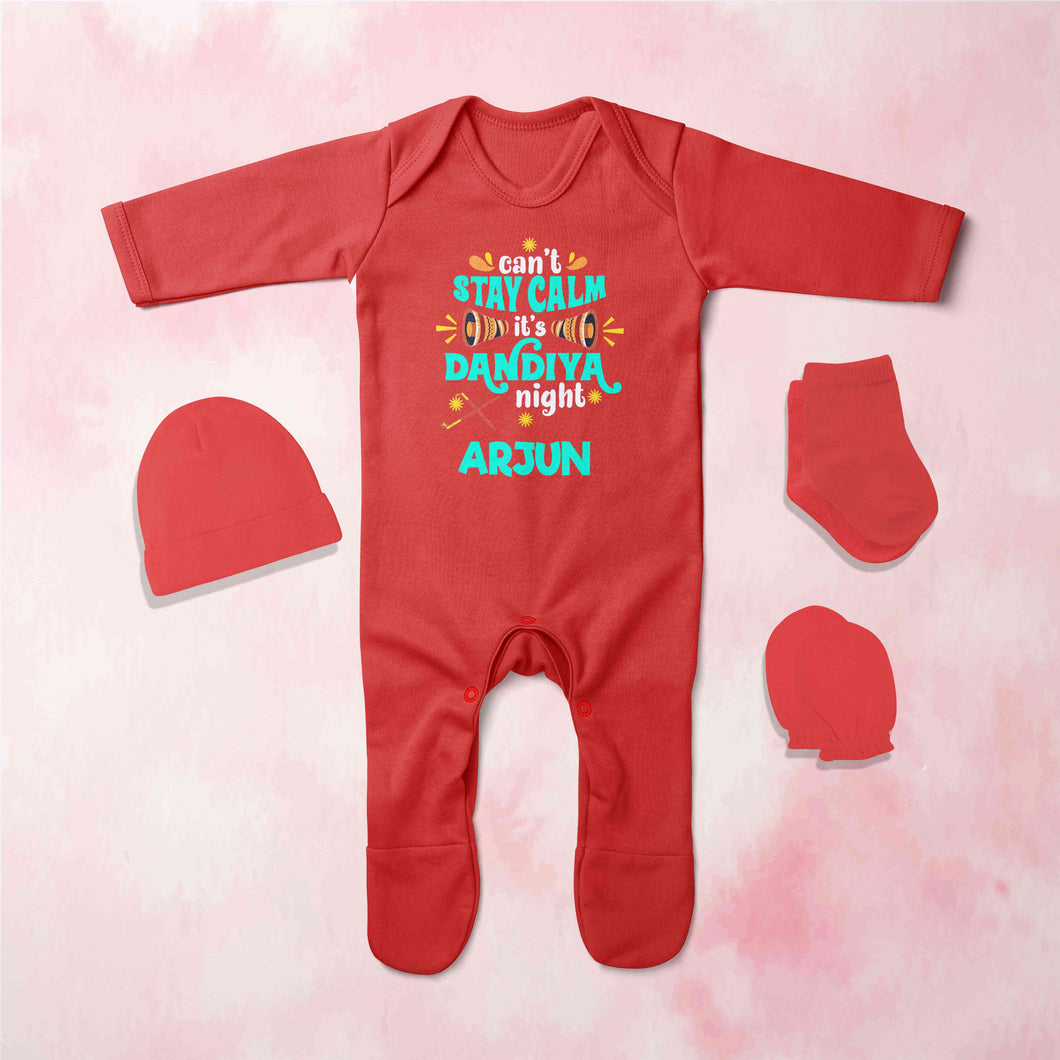 Custom Name Cant Stay Calm It Is Dandiya Night Navratri Jumpsuit with Cap, Mittens and Booties Romper Set for Baby Boy - KidsFashionVilla