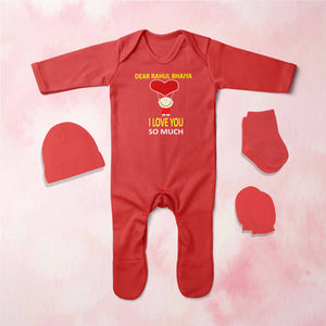 Custom Name I love My Bhaiya So Much Jumpsuit with Cap, Mittens and Booties Romper Set for Baby Girl - KidsFashionVilla