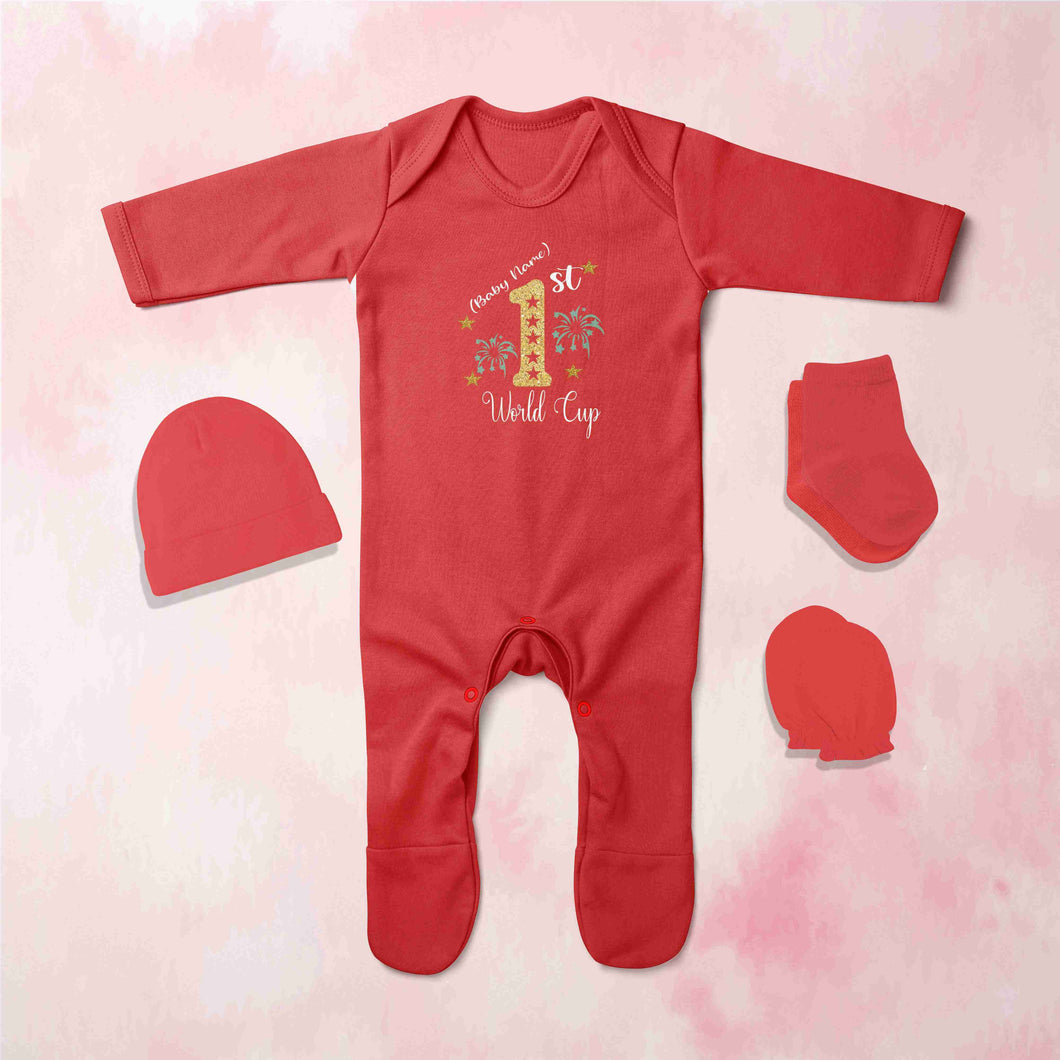 Customize Name First World Cup Cricket Quotes Jumpsuit with Cap, Mittens and Booties Romper Set for Baby Boy - KidsFashionVilla