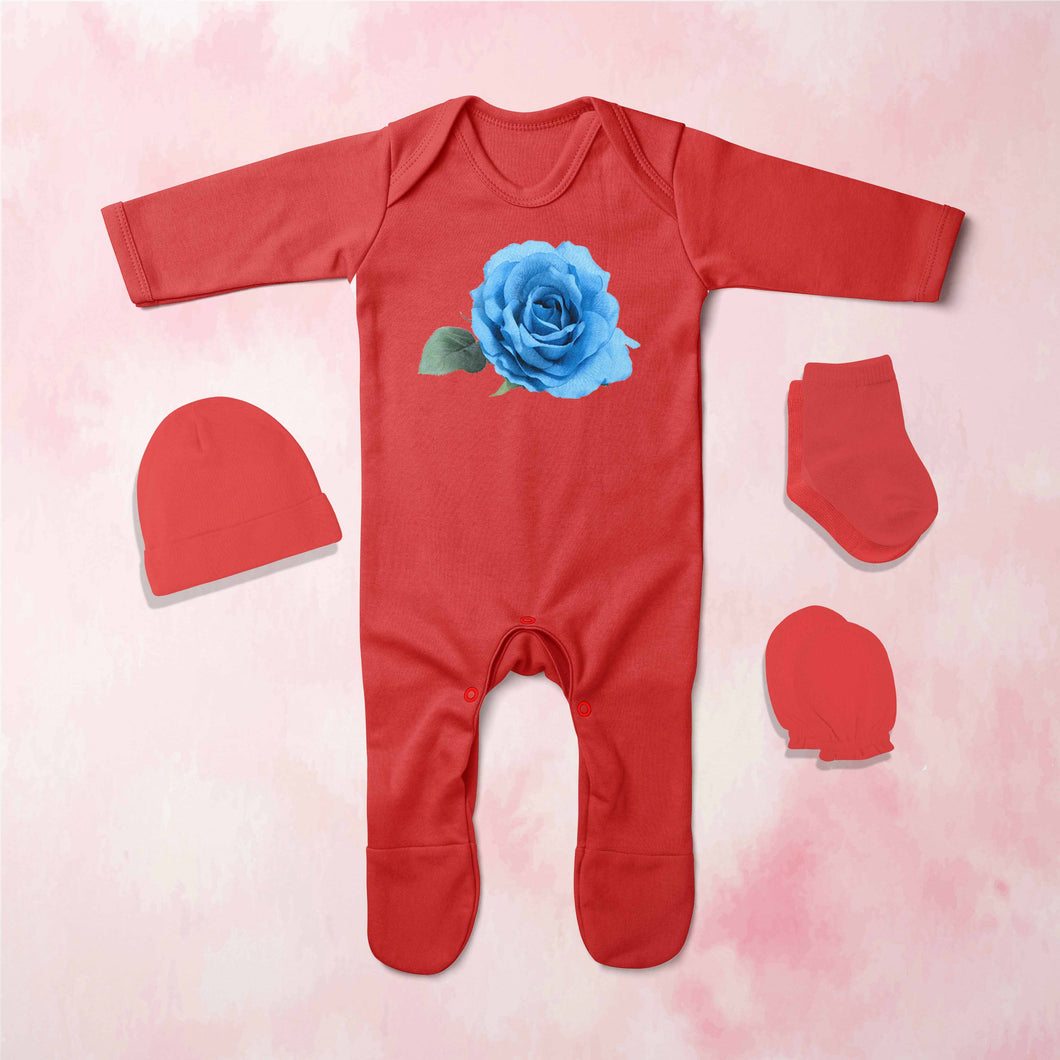 Blue Rose Minimal Jumpsuit with Cap, Mittens and Booties Romper Set for Baby Boy - KidsFashionVilla