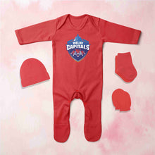 Load image into Gallery viewer, IPL Delhi Capitals Jumpsuit with Cap, Mittens and Booties Romper Set for Baby Boy - KidsFashionVilla
