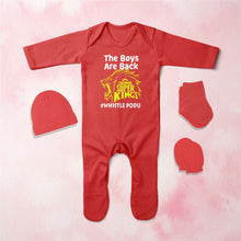 Load image into Gallery viewer, The Boys Are Back Whistle Podu IPL CSK Chennai Super Kings Jumpsuit with Cap, Mittens and Booties Romper Set for Baby Boy - KidsFashionVilla

