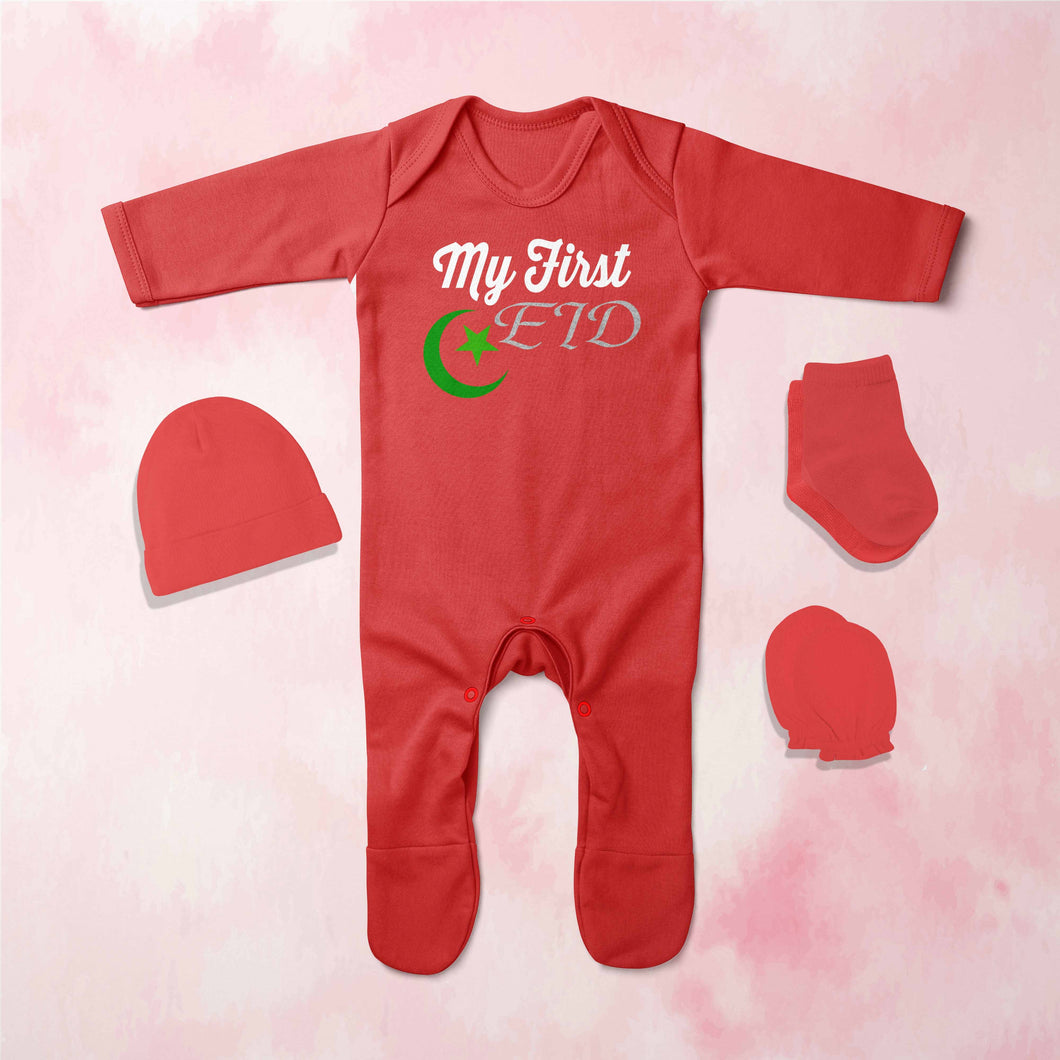 My 1st Eid Jumpsuit with Cap, Mittens and Booties Romper Set for Baby Boy - KidsFashionVilla