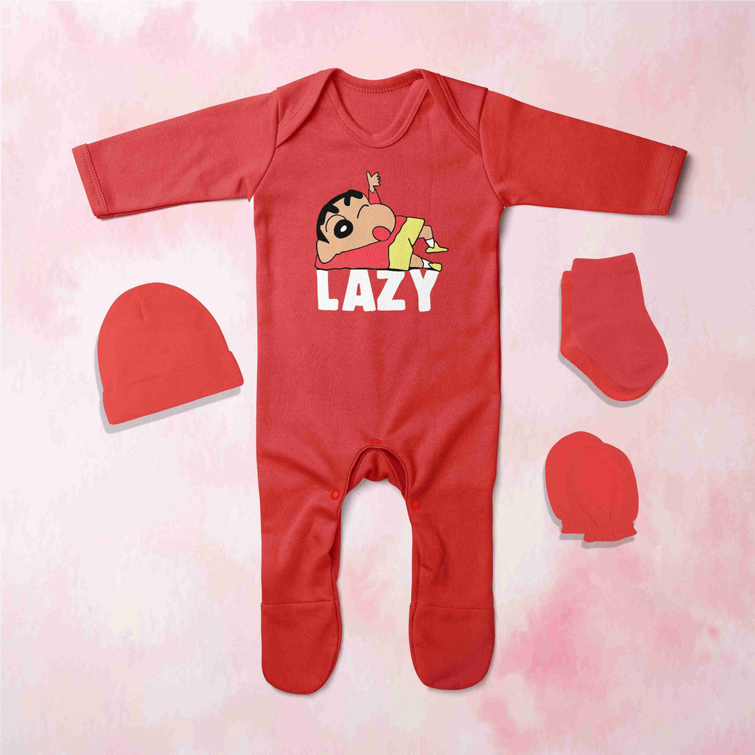 Lazy Quotes Jumpsuit with Cap, Mittens and Booties Romper Set for Baby Boy - KidsFashionVilla