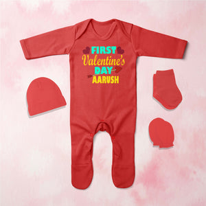 Custom Name First Valentine Jumpsuit with Cap, Mittens and Booties Romper Set for Baby Boy - KidsFashionVilla