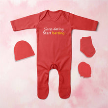 Load image into Gallery viewer, Stop Dating Start Batting Cricket Quotes Jumpsuit with Cap, Mittens and Booties Romper Set for Baby Boy - KidsFashionVilla
