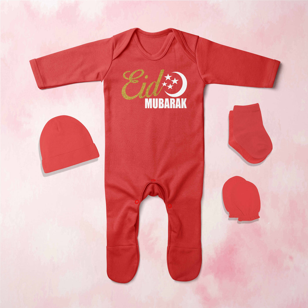 Eid Mubarak Eid Jumpsuit with Cap, Mittens and Booties Romper Set for Baby Boy - KidsFashionVilla