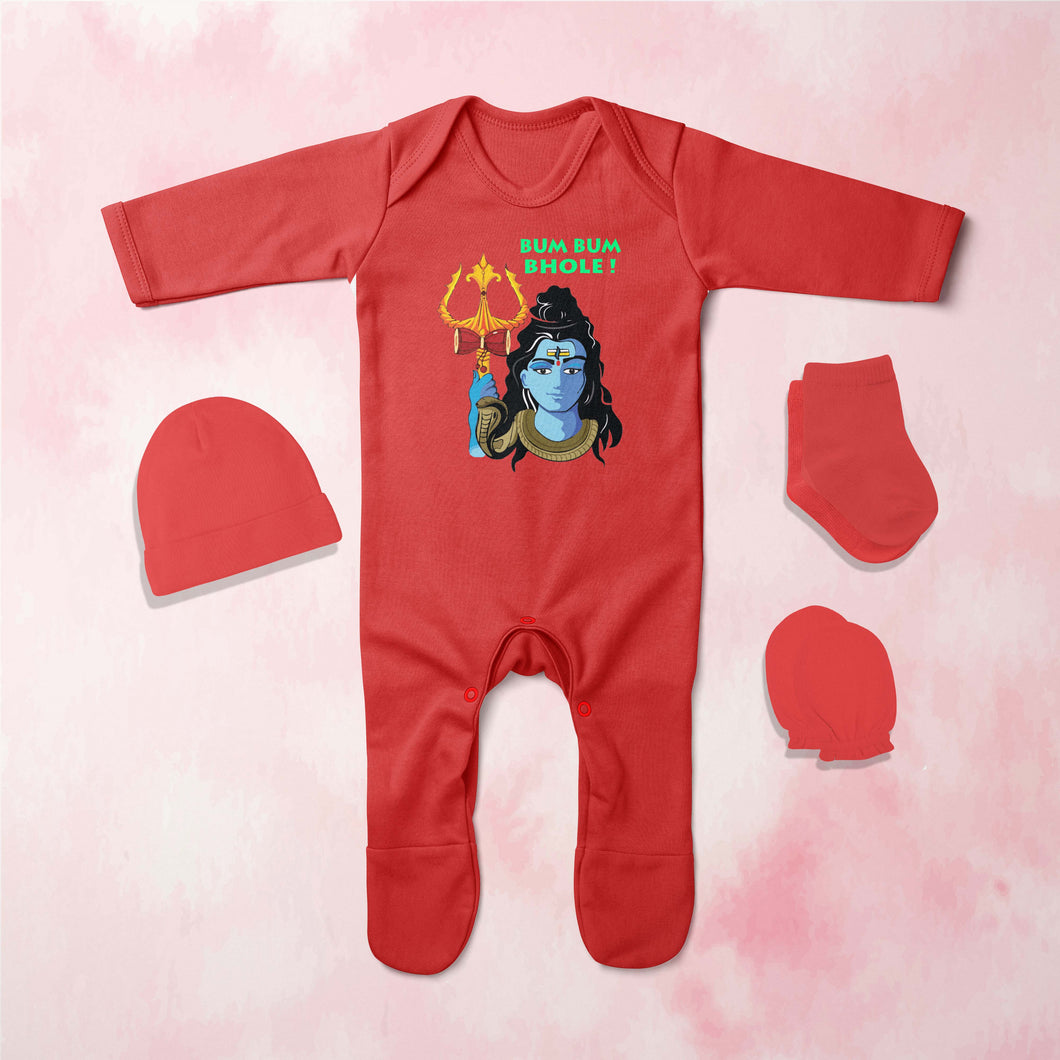 Bum Bum Bhole Mahashivratri Jumpsuit with Cap, Mittens and Booties Romper Set for Baby Boy - KidsFashionVilla