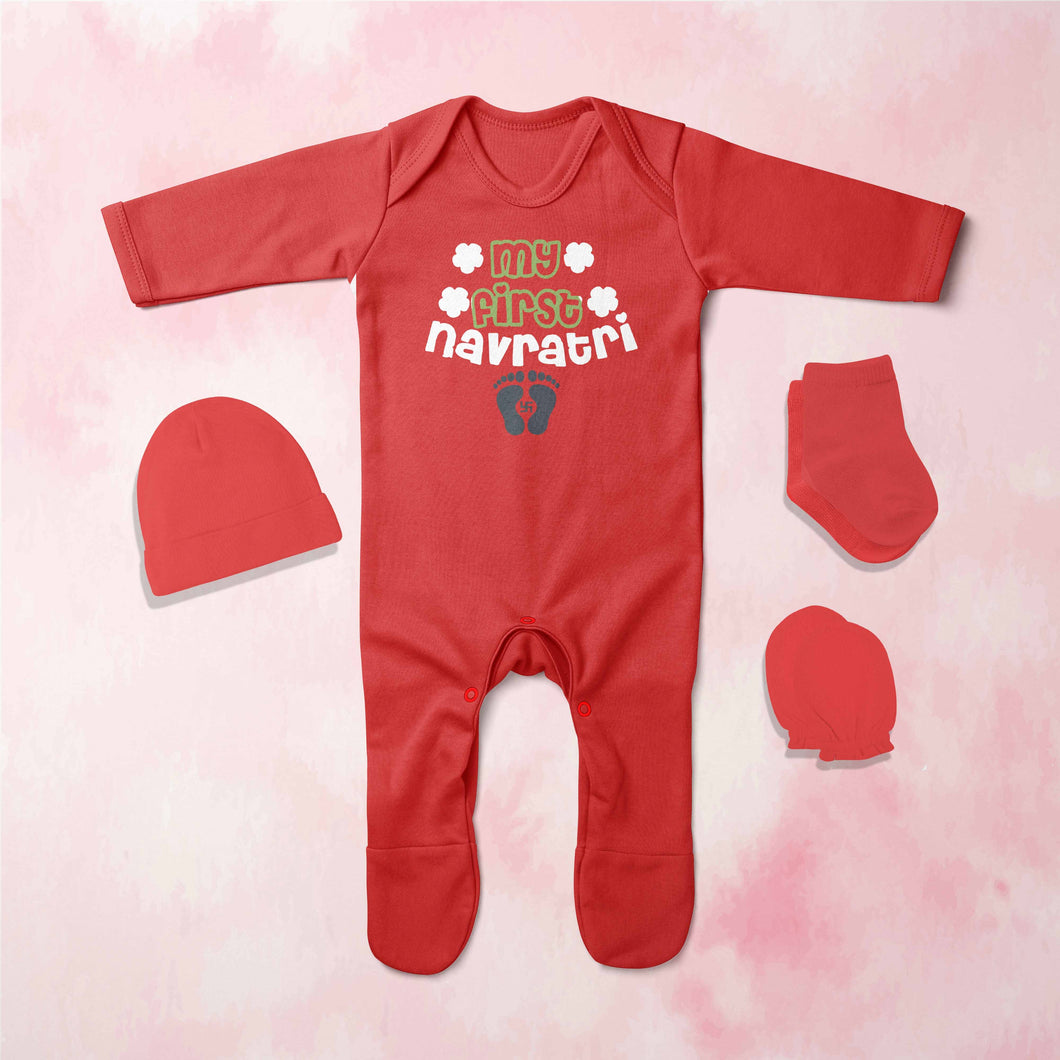 My First Navratri Jumpsuit with Cap, Mittens and Booties Romper Set for Baby Boy - KidsFashionVilla