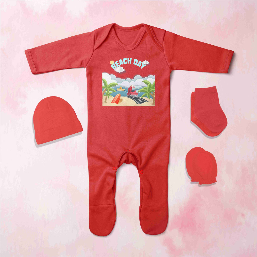 Beach Day Quotes Jumpsuit with Cap, Mittens and Booties Romper Set for Baby Boy - KidsFashionVilla