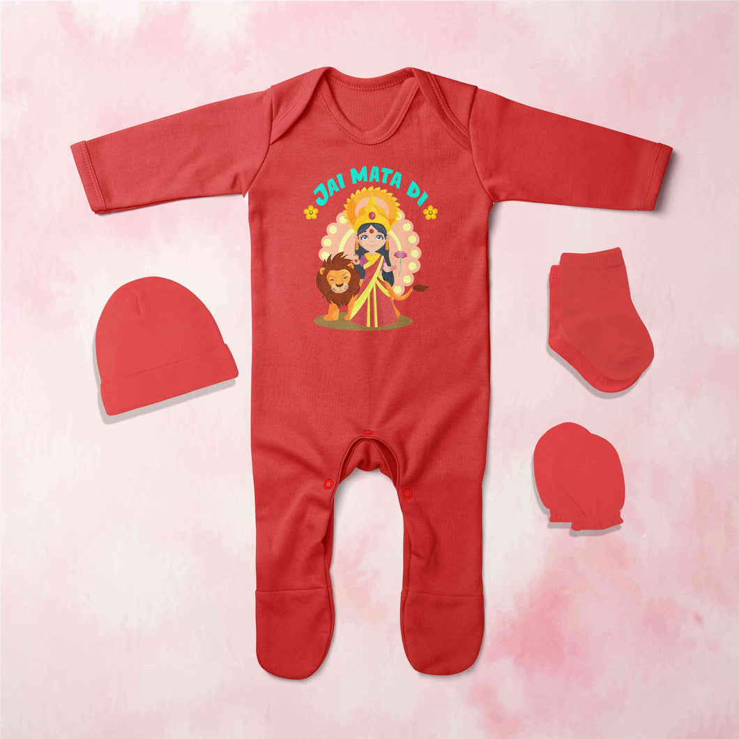 Jai Mata Di Navratri Jumpsuit with Cap, Mittens and Booties Romper Set for Baby Boy - KidsFashionVilla