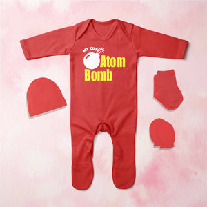 My Cute Atom Bomb Diwali Jumpsuit with Cap, Mittens and Booties Romper Set for Baby Boy - KidsFashionVilla