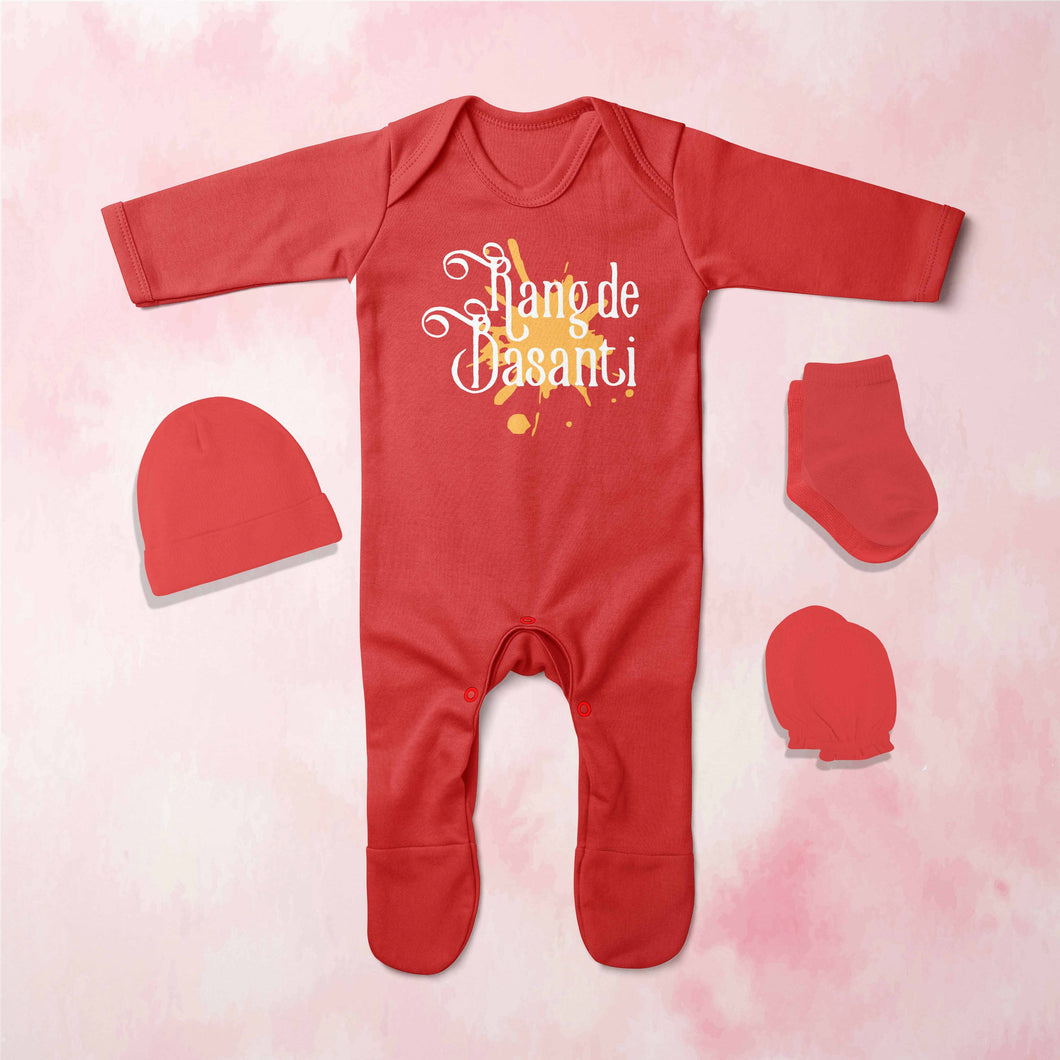 Rang De Basanti Holi Jumpsuit with Cap, Mittens and Booties Romper Set for Baby Boy - KidsFashionVilla